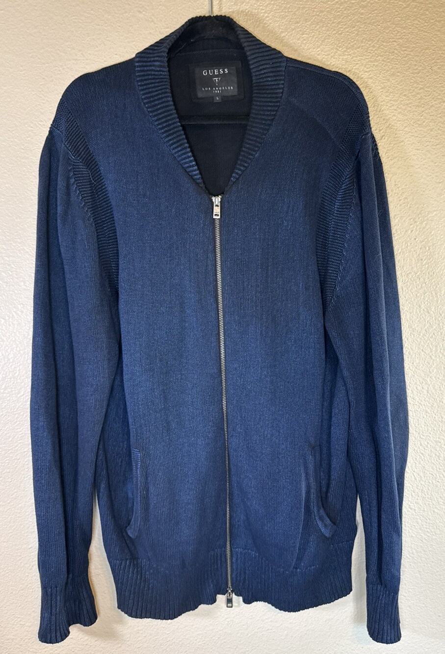 GUESS Mens L Knit Zip Sweater Jacket Blue Retro Acid Wash Look Moto Rugged